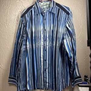 Jhane Barnes Blue White Long Sleeve Button Up Trim Fit Striped Shirt Mens XL